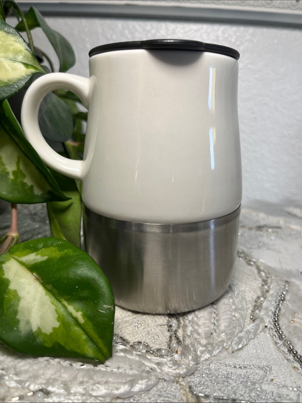 Starbucks White Ceramic Travel Mug with Black Rim and Stainless Base - Picture 4 of 7